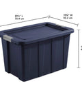Heavy Duty 30 Gallon Latching Tuff1 Storage Tote with dimensions, blue base and lid