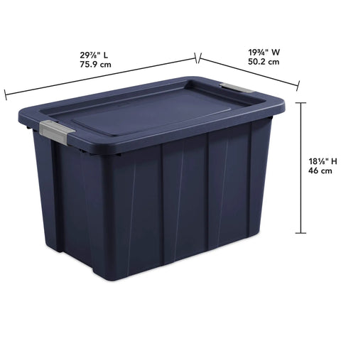 Heavy Duty 30 Gallon Latching Tuff1 Storage Tote with dimensions, blue base and lid