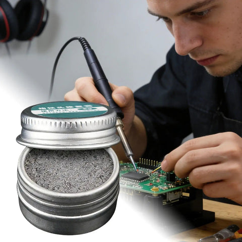 Soldering Iron Tip Tinner Oxidation Removal Cleaner with technician working on circuit board