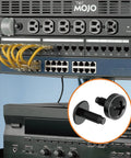 Rock Solid Heavy Duty 50 Pack Rack Mount Screws And Cage Nuts Kit With Washers For Server Cabinets Network Racks And Carbon Steel 10-32 Thread Fastener Set, showing two black rack screws.