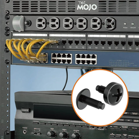 Rock Solid Heavy Duty 50 Pack Rack Mount Screws And Cage Nuts Kit With Washers For Server Cabinets Network Racks And Carbon Steel 10-32 Thread Fastener Set, showing two black rack screws.