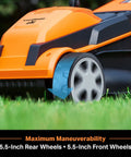 Close-up of the 5.5-inch wheel on a Cordless Lawn Mower And Leaf Blower Combo With Two 4.0Ah Batteries And Charger No Cord Hassle 24V Max Power