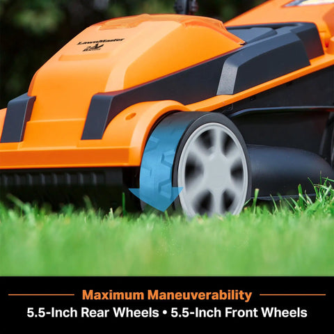 Close-up of the 5.5-inch wheel on a Cordless Lawn Mower And Leaf Blower Combo With Two 4.0Ah Batteries And Charger No Cord Hassle 24V Max Power