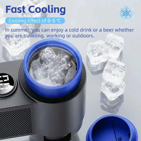 2 In 1 Smart Car Cup Warmer And Portable Cooler 12V Universal Heated Drink Holder With Digital Temp Display with ice cubes cooling drinks.