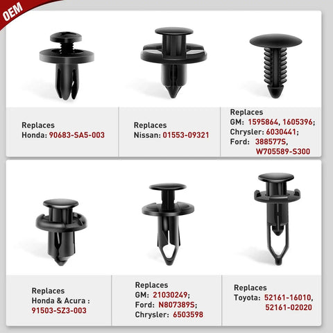 Assorted nylon car retainer clips from the Ultimate Universal Car Retainer Clip Kit with OEM replacement details shown.