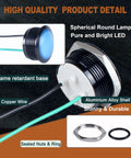Blue 22mm LED Indicator Light 110 220VAC Waterproof IP67 Raised Head Pilot Lamp With Wire No Fuss Install For Household Appliances DIY 20mA Aluminum Alloy Black Anodized Shell 2 Pack, side view