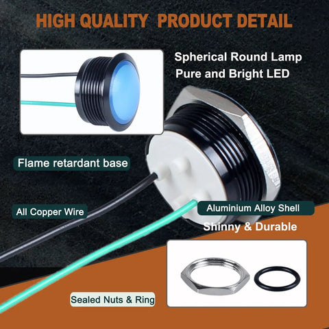 Blue 22mm LED Indicator Light 110 220VAC Waterproof IP67 Raised Head Pilot Lamp With Wire No Fuss Install For Household Appliances DIY 20mA Aluminum Alloy Black Anodized Shell 2 Pack, side view