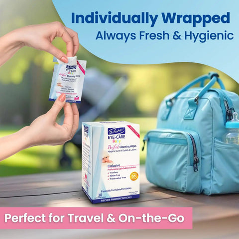 Gentle Baby Eye Wipes For Newborns And Toddlers Tear Free And Rinse Free Eyelid Cleansing Wipes package near a travel bag.