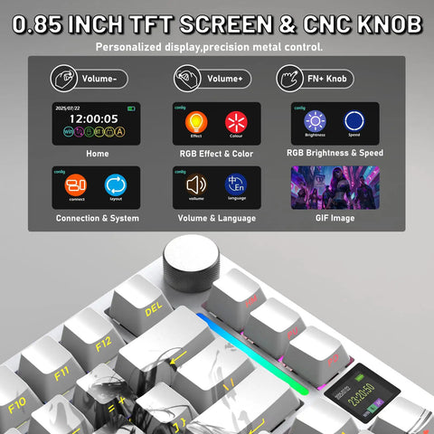 Slick Wireless Mechanical Gaming Keyboard With Roomy 75 Percent Tkl Build And Fresh Bamboo Top Plate Featuring Seamless Tri Mode Pairing with TFT screen.