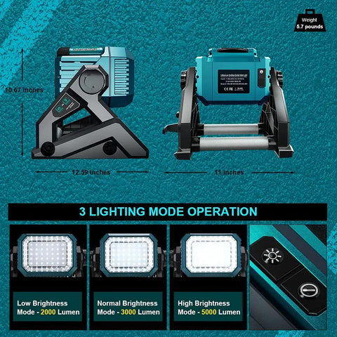 Dimensions of Beast Bright 5000 Lumen Cordless Floodlight With 18V Battery Compatibility 35W Work Light Three Brightness Modes