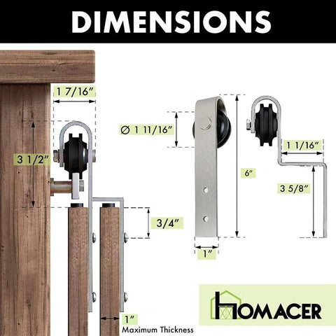 Dimensions of Mini Brushed Nickel Single Track Bypass Sliding Barn Door Hardware Kit for two doors with rollers and track.