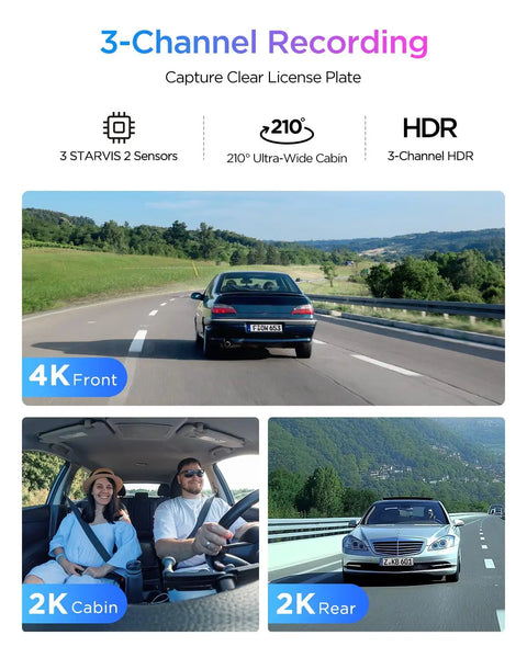 Top Notch 4K Front Dash Cam With 2K Interior Fisheye And 2K Rear showcasing 3-channel view with 210-degree coverage.