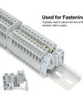 30 Piece DIN Rail Terminal Block End Stopper Brackets For 35mm Wide Guide Rails End Terminal Fixing Blocks Fasteners Gray PA6 Insulated Material Super Tough Heavy Duty High Temp Resistant And Corrosion Proof shown installed on rail