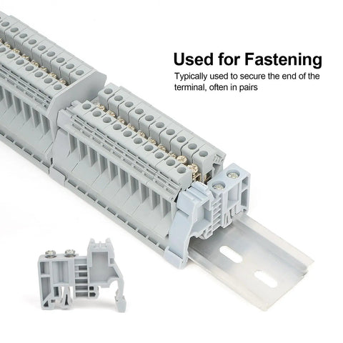 30 Piece DIN Rail Terminal Block End Stopper Brackets For 35mm Wide Guide Rails End Terminal Fixing Blocks Fasteners Gray PA6 Insulated Material Super Tough Heavy Duty High Temp Resistant And Corrosion Proof shown installed on rail