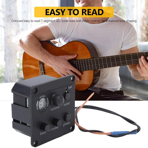 Musician with guitar and All In One Acoustic Guitar Preamp With Volume Bass And Treble Tone Controls Phase Switch And LED Tuner
