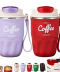 Smart Temp Insulated Coffee Tumbler Leak Proof Travel Mug With Handle Stainless Steel in purple and red, designed for on-the-go use.