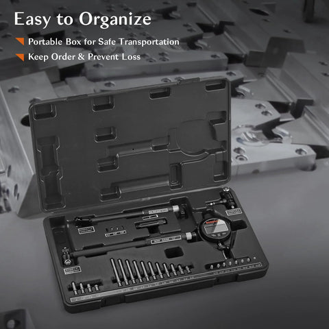 BOBOVAV digital dial bore gauge set in a hard case with 23 anvils, 0.7–6 in range, self-centering