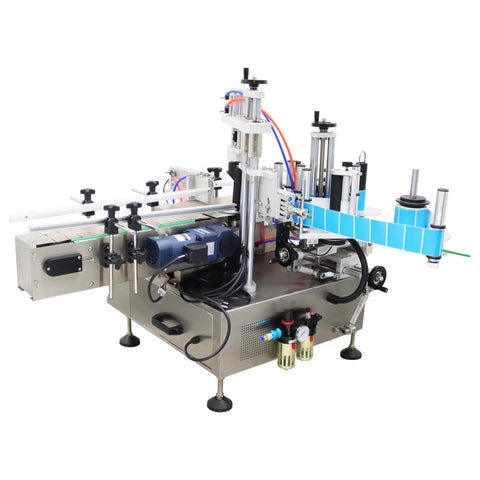 No Sweat Automatic Desktop Conveyor Labeler Supports 110V Power And Cracks Out Up To Sixty Labels Per Minute For Round Or Hex Bottles With Precision Fiber Optic Sensors.