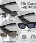 Slick Magnetic Leather Sunglass Holder For Cars That Snaps Right Onto Your Visor To Securely Stow Multiple Pairs Of Shades And Specs Without Causing Any Scratches On Your Daily Ride, displaying various frame sizes.