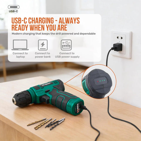 8V Cordless Drill Set With USB Rechargeable Driver connected to power outlet, showing charging LEDs, drill bits on table in home setting.