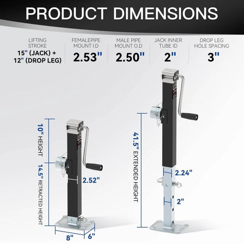 Dimensions of Rugged 8000 Pound Pipe Mount Tongue Jack With 15 Inch Lift And Adjustable Drop Leg Swivel Weld On Trailer Jack For RV Boat And Utility Trailers Extension From Twenty Four And A Half To Thirty Nine And A Half Inches Heavy Duty Lift shown in diagram