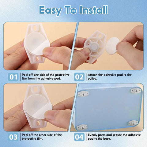 Four-step installation guide for adhesive pads for pulley attachment, showcasing hands and adhesive pad use.