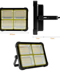 Dimensions of Portable Solar LED Work Light 100W With 336 LEDs, 15000 Lumens, 19200mAh Battery, shown in front and side view