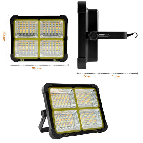 Dimensions of Portable Solar LED Work Light 100W With 336 LEDs, 15000 Lumens, 19200mAh Battery, shown in front and side view