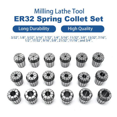 ER32 Spring Collet Set, 18-Piece Beefy Aluminum Box, 3/32 To 3/4 Inch Shanks on display, made from hardened alloy spring steel.