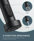 Close-up of Pull Down Sprayer Kitchen Faucet with dual-function sprayhead showing spray and stream modes in black chrome finish.