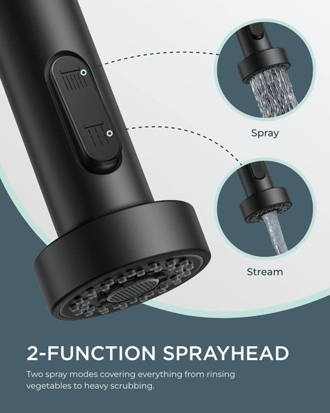 Close-up of Pull Down Sprayer Kitchen Faucet with dual-function sprayhead showing spray and stream modes in black chrome finish.