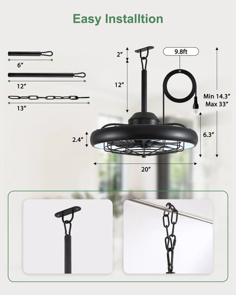 20 Inch Outdoor Ceiling Fan With Lights RGB And 3 CCT Dimmable Remote App Control 6 Speed IP65 Waterproof plug installation