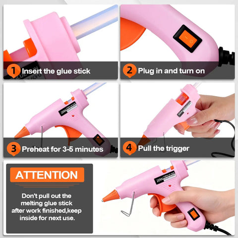 Step-by-step instructions for using Five Color Mini Hot Glue Gun Kit With Storage Box, showing glue insertion and operation steps.