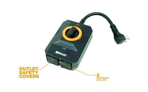 Heavy Duty Outdoor Dusk To Dawn Lighting Timer With Dual Grounded Outlets And Built In Light Sensor showing safety covers and outlet design.