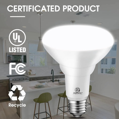 BR30 LED Recessed Flood Light Bulbs 105W Equivalent shown in kitchen environment with UL Listed certification