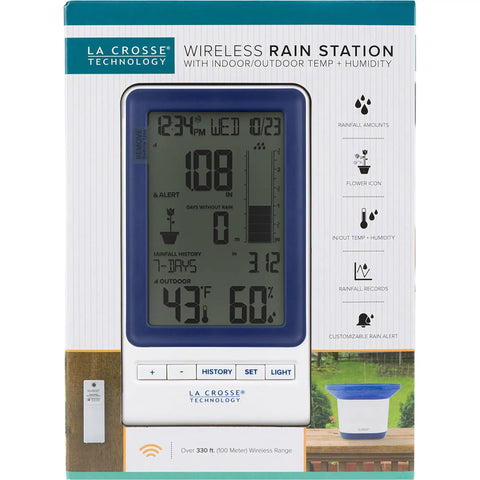 All-In-One Wireless Rain Gauge Weather Station With Indoor Outdoor Temperature And Humidity, Rainfall Tracking And History Readings, Current And Historic Totals For 1H, 24H, 7D, Monthly And Total, Plus Twelve To Twenty Four Hour Clock in packaging.