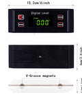 Built Tough Digital Angle Finder With V Groove Magnetic Base And Bright Backlight Hella Precise IP65 Waterproof Smart Level Protractor Gauge top and bottom views with measurements.