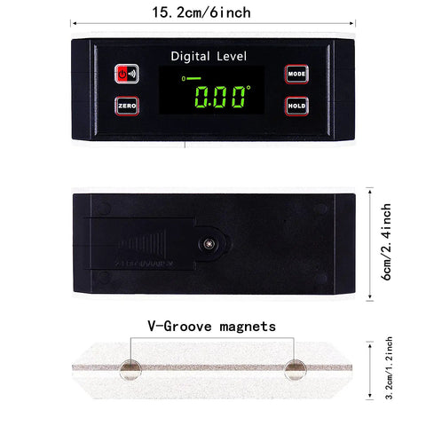Built Tough Digital Angle Finder With V Groove Magnetic Base And Bright Backlight Hella Precise IP65 Waterproof Smart Level Protractor Gauge top and bottom views with measurements.