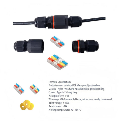 IP68 Waterproof Outdoor Junction Box Kit with 2 Pin and 3 Pin Cable Connectors, PA66 Material, Weatherproof for Garden Use