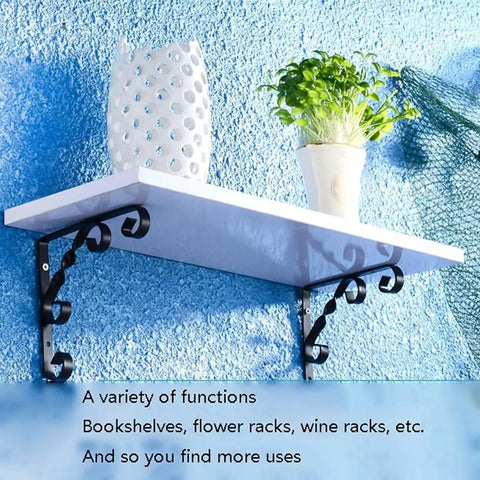 Built Like A Tank Wrought Iron Shelf Brackets Wall Mount Corner Support For Bookcases Kitchen Cabinets And Outdoor Storage holding a white shelf with a vase.