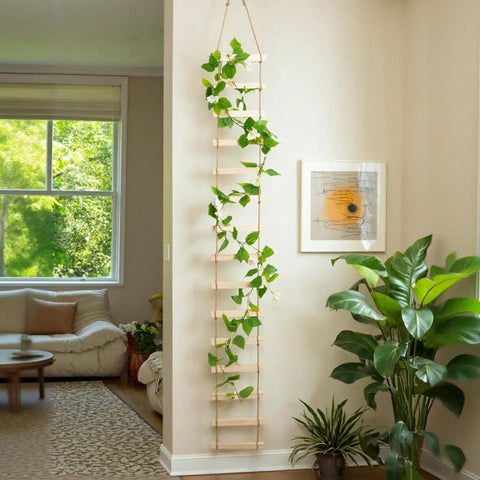 Extra Tall Six Foot Wooden Ladder Plant Trellis For Indoor And Outdoor Garden Support with climbing vine in living room