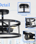 Two Pack 13 Inch 3 Light Matte Black Semi Flush Mount Ceiling Light Fixtures For Farmhouse Kitchen And Hallway Slick Industrial Style Modern Look Durable Frame with detailed views of turnable mount, sturdy frame, and lamp holder.