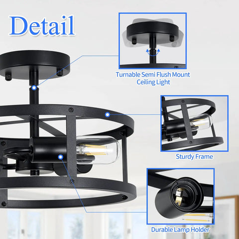 Two Pack 13 Inch 3 Light Matte Black Semi Flush Mount Ceiling Light Fixtures For Farmhouse Kitchen And Hallway Slick Industrial Style Modern Look Durable Frame with detailed views of turnable mount, sturdy frame, and lamp holder.