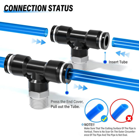 Push To Connect Tee Fittings For Pneumatic Systems One Quarter Inch Tube OD To One Quarter Inch NPT Thread Male Branch in action