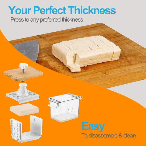 Sliced tofu on a cutting board with components of Dishwasher Safe Press For Quick No Fuss Meal Prep And Extra Firm Tofu This Press Drains Water From Tofu Fast With A Long Screw And Inner Spring Openable U Drip Tray BPA Free Vegan Gift Ready For Organic And Firm Tofu.