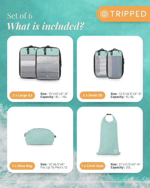 Compression Packing Cubes For Travel 6-Piece Premium Set With Laundry And Shoe Bag, Dusty Teal Mesh
