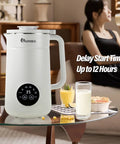 All In One Nut Milk Maker With 35 Oz Capacity, 10 Blades, One Touch Start on countertop, showing digital display and handle