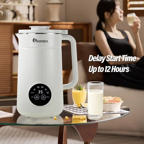 All In One Nut Milk Maker With 35 Oz Capacity, 10 Blades, One Touch Start on countertop, showing digital display and handle