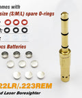 End Barrel Laser Bore Sight For.22LR And.223 Rem, O-rings, batteries, Class IIIa Red Laser for revolvers pistols rifles air guns.
