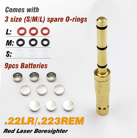 End Barrel Laser Bore Sight For.22LR And.223 Rem, O-rings, batteries, Class IIIa Red Laser for revolvers pistols rifles air guns.